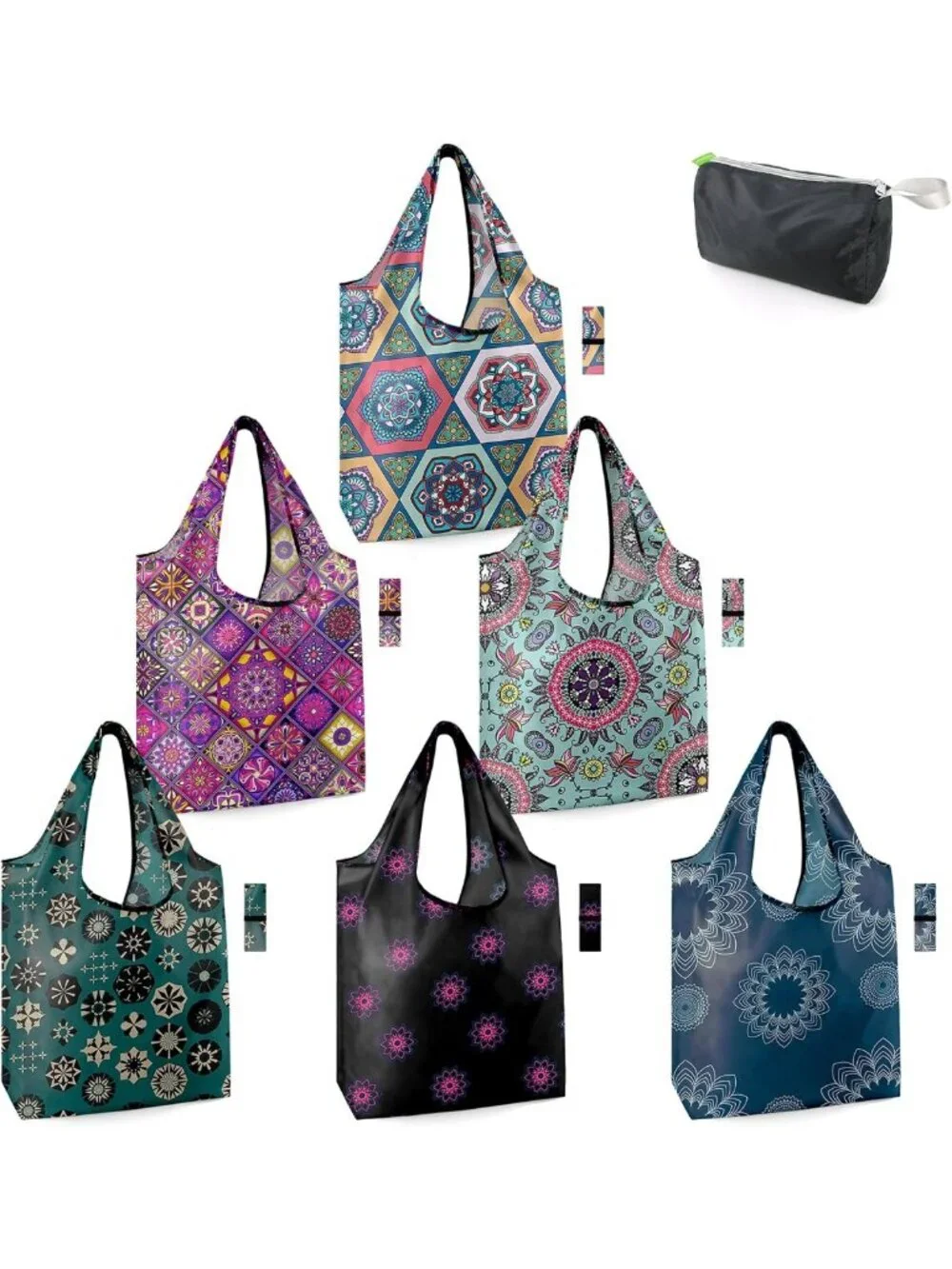 Boho Geometric Reusable Grocery Bags - X-Large Foldable, Heavy Duty, 6 Pack